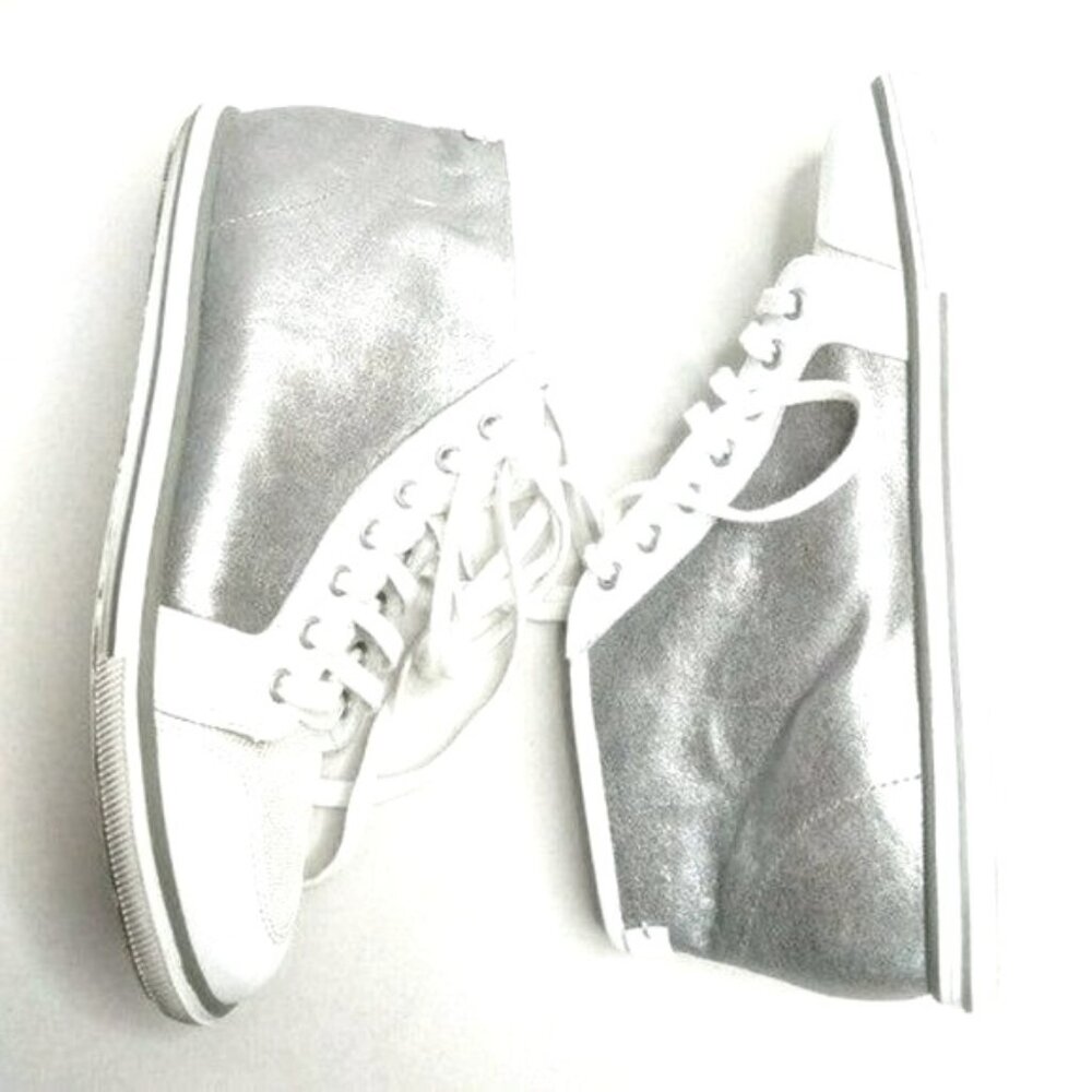 Elie Tahari High Top Sneakers 8 Silver Metallic White Leather - Picture 2 of 11
